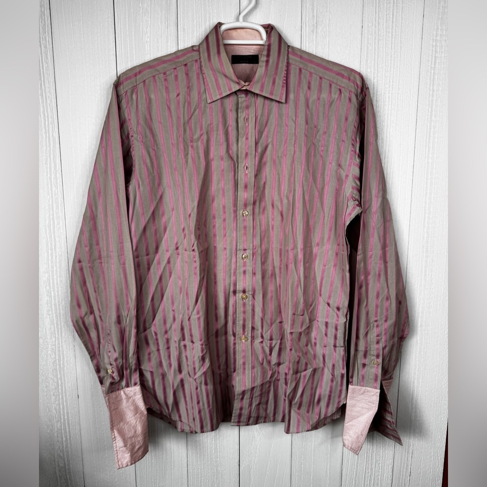 Ted Baker Men's Dress Shirt - Striped Long Sleeve Purple Gray Mauve